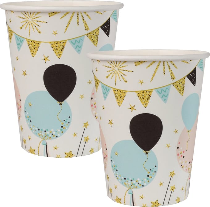 Feest wegwerp bekertjes - ballon - 20x stuks - 270 ml - wit/goud - karton