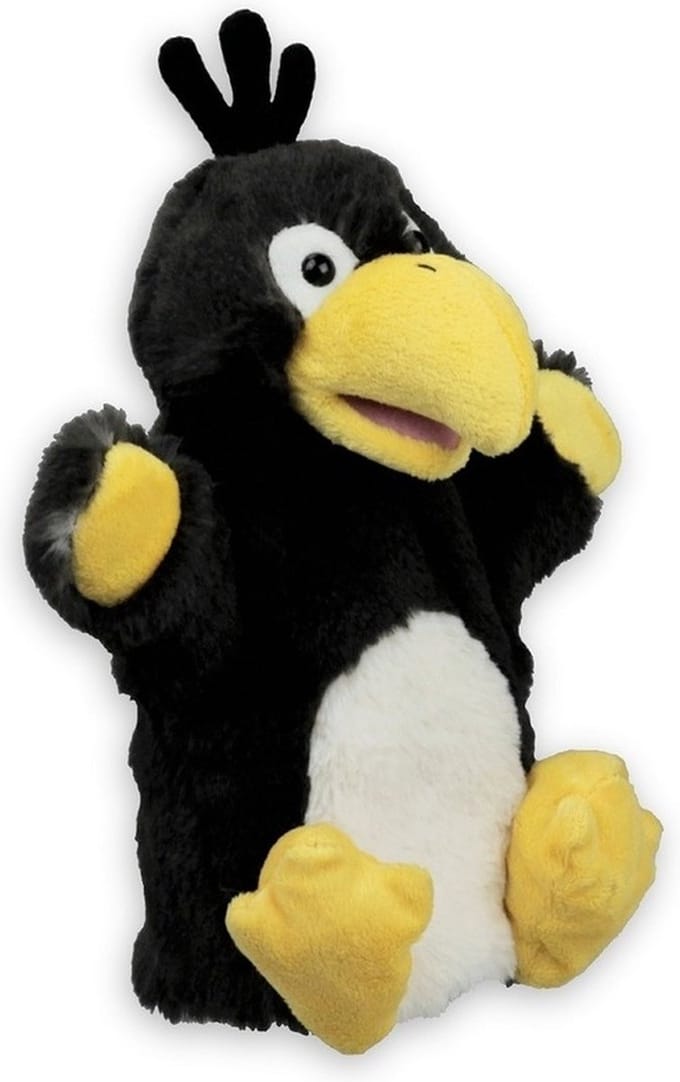 Pluche handpop knuffel vogel - Raaf/kraai - 20 cm - poppenkast dieren poppen