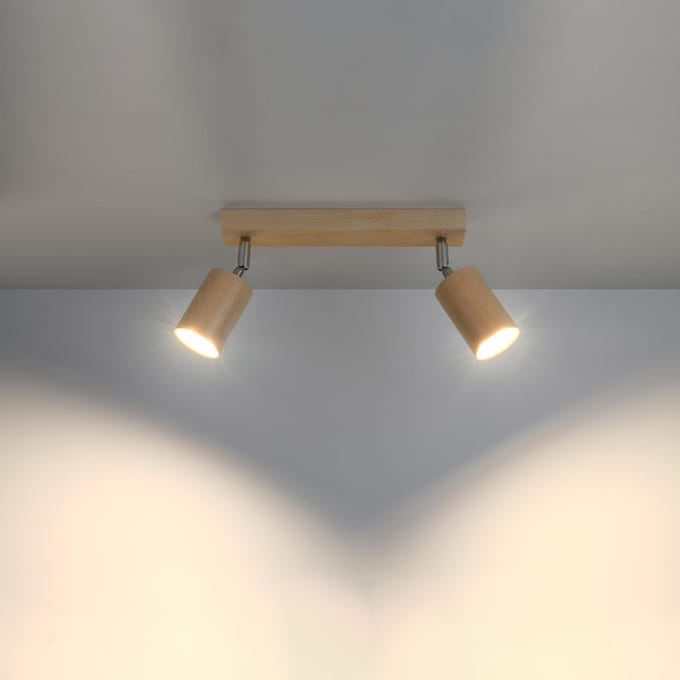 Plafondlamp BERG 2 met 2 draaibare houten kappen - Sollux Lighting - IP20 - Natuurlijk hout hout behuizing - 30 x 5 x 20 cm - 2 x GU10 LED, exclusief lichtbron - 2 x 10 W - Scandinavische plafondlamp voor slaapkamer, woonkamer en gang