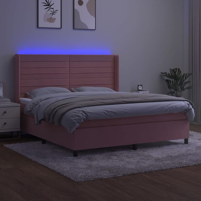 vidaXL - Boxspring - met - matras - en - LED - fluweel - roze - 180x200 - cm