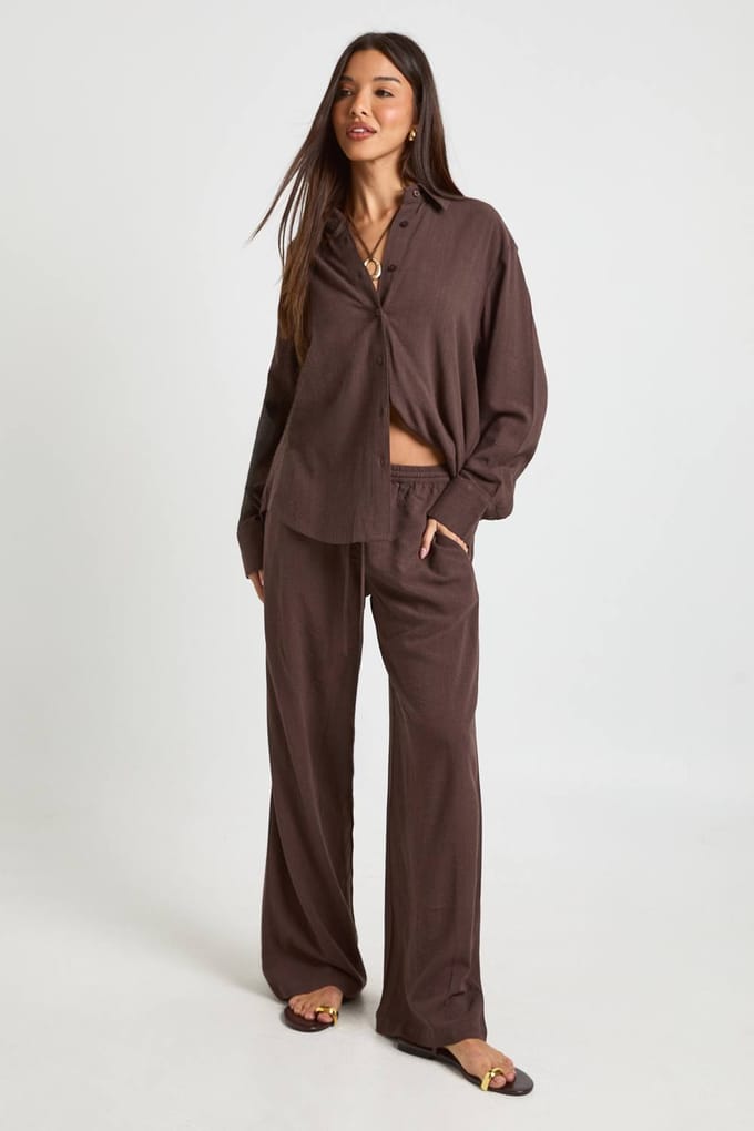boohoo Dames Premium Linnen Oversized Shirt | Espresso | Maat: 34