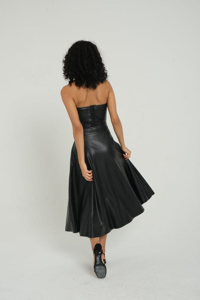 Synthetisch Leren Hoge Taille Plissé Midi Rok