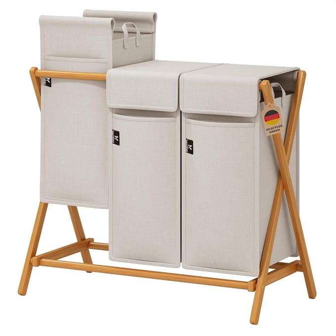 RFWR® Bamboe Wasmand met 2 Compartimenten en Deksel - 100L Lichtgrijs