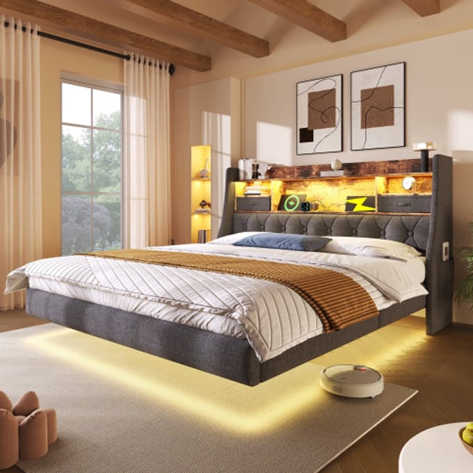 MODFU Gestoffeerd Tweepersoonsbed – 160x200 cm – LED & USB – Retro – Opberghoofdbord – Linnen – Grijs
