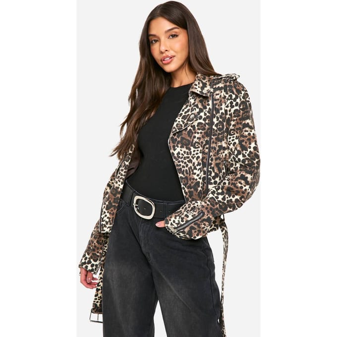 boohoo Dames Denim bikerjack met luipaardprint | Leopard | Maat: 6