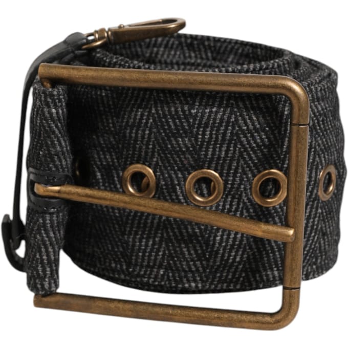 Dolce & Gabbana Grijze Stof Logo Plaat Metaal Messing Gesp Riem