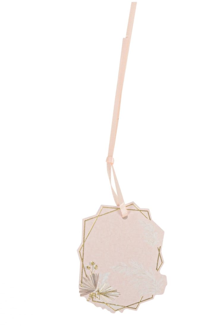 ARTYFETES - 8 boho blush en goud labels 6 cm met veren en lint