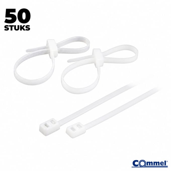 50x Commel Kabelbinders met Dubbele Sluitkop - 200 x 4.8 mm - Wit - Nylon - Treksterkte 22kg