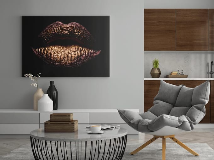 Canvas Schilderij - Vrouwelijk - Gouden Lippen -60x40x2 cm