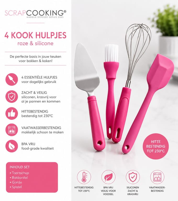 SCRAPCOOKING®  4 KOOK HULPJES roze en silicone