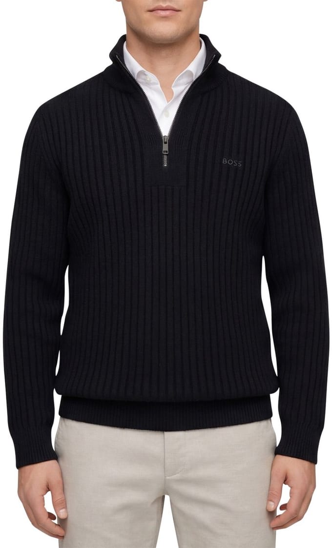 Boss Orange Trui Half Zip Zwart wol grof gebreid