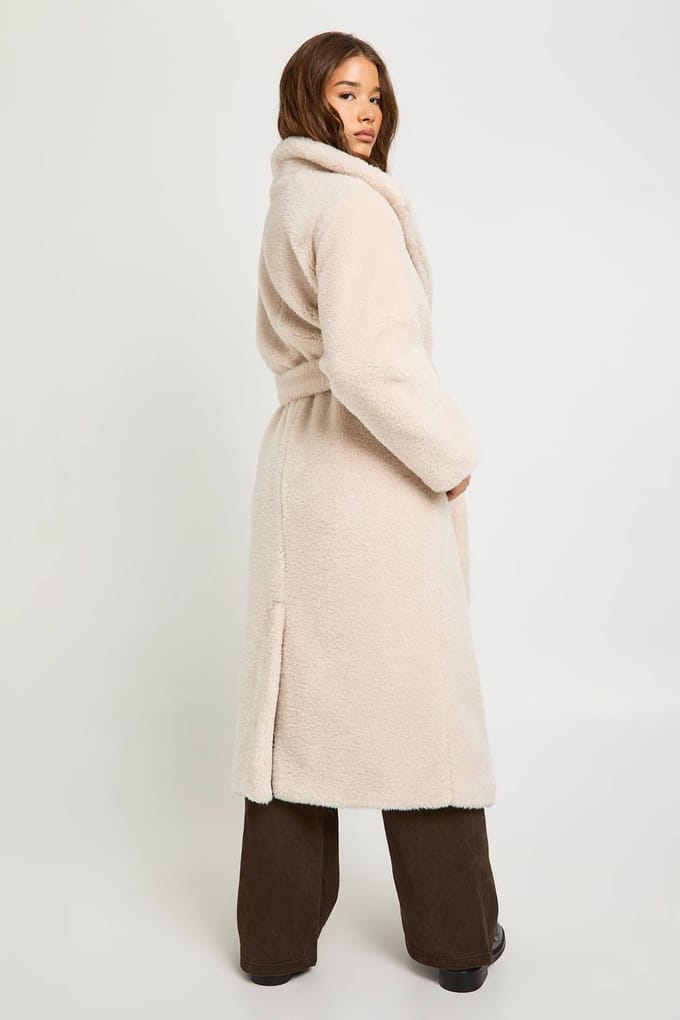 boohoo Dames Shawl-kraag met riem Borg jas | Cream | Maat: 16