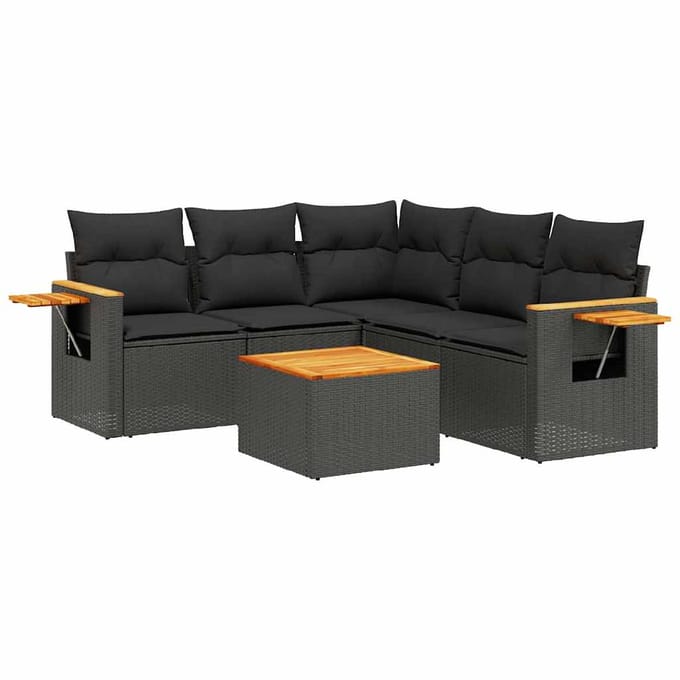 vidaXL - 6-delige - Loungeset - met - kussens - poly - rattan - zwart