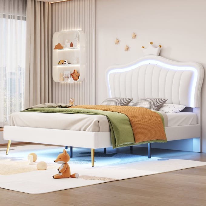 Wishdor Kinderbed 140x200 cm - Schelp & Kroon - LED & Verstelbaar Hoofdbord - Wit Kunstleer - Prinsessenpaleis