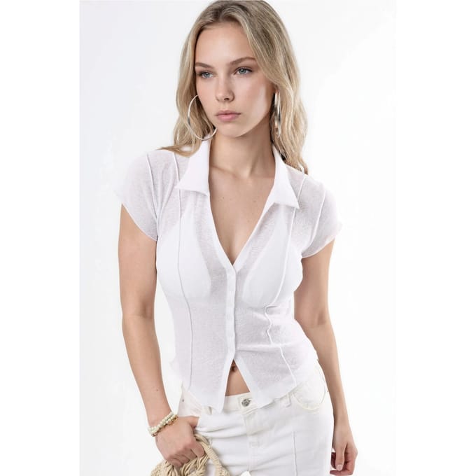 Gestructureerde Gebreide Korte Mouw Shirt met Knopen