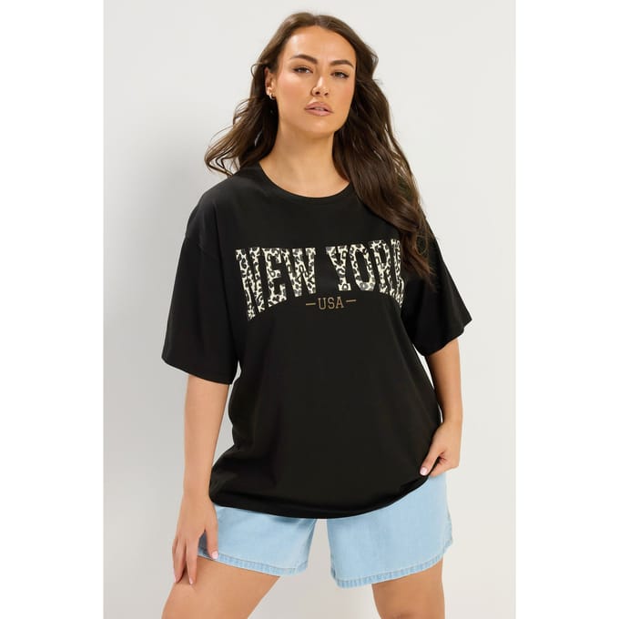 Yours Zwart 'New York' Tshirt Met Luipaardprint Size 44