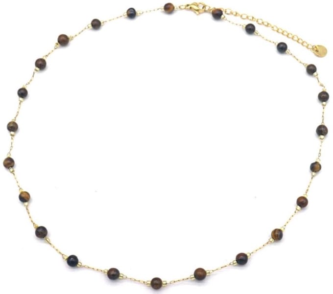 Ketting - Kralen Tijgeroog - RVS - Lengte 39-44 cm - Goudkleurig