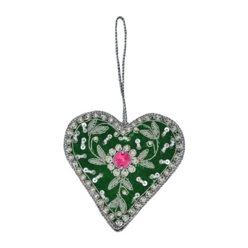 Rice kerst stoffen ornament met kralen heart, groen