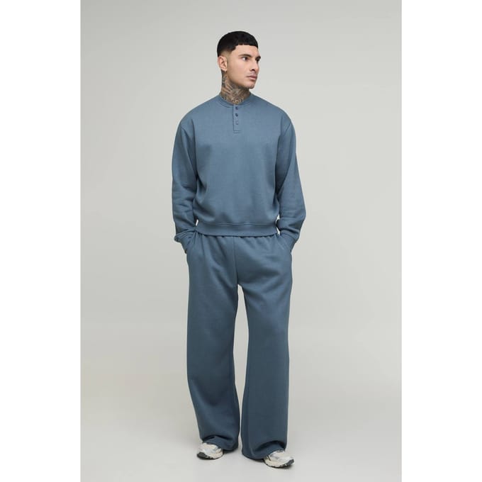 Lang Oversized Boxy Henley Sweatshirt En Wijde Pijpen Joggingbroek | Slate | Size Medium