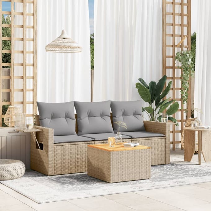 vidaXL - 4-delige - Loungeset - met - kussens - poly - rattan - beige