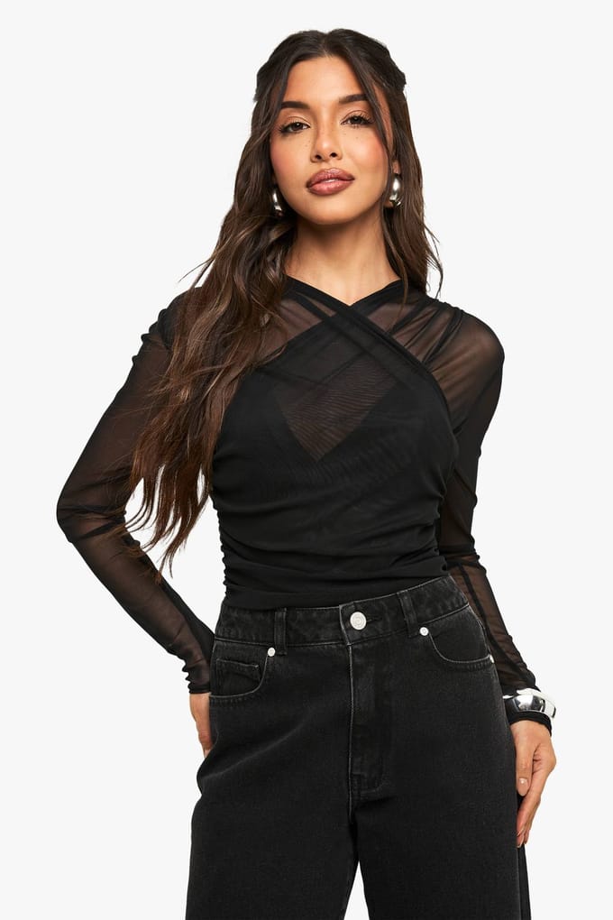 boohoo Dames Mesh Cross Over Bodysuit | Zwart | Maat: 42
