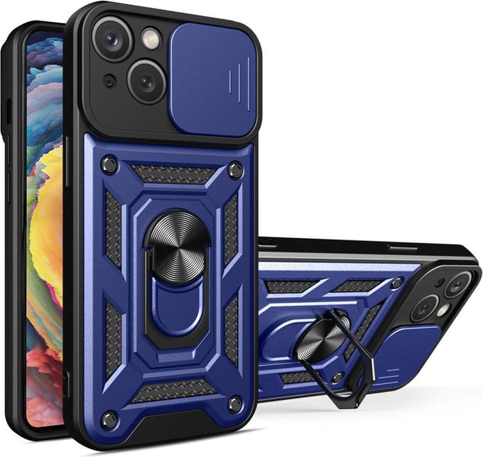 MobyDefend Hoesje - Geschikt voor iPhone 15 Plus - Pantsercase Met Draaibare Ring - Blauw