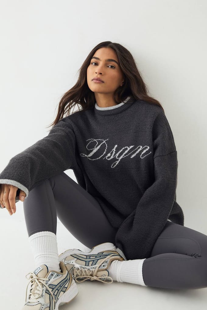 Dames DSGN Studio Script Contrast Oversized Gebreide Trui | Asgrijs | Maat: Small