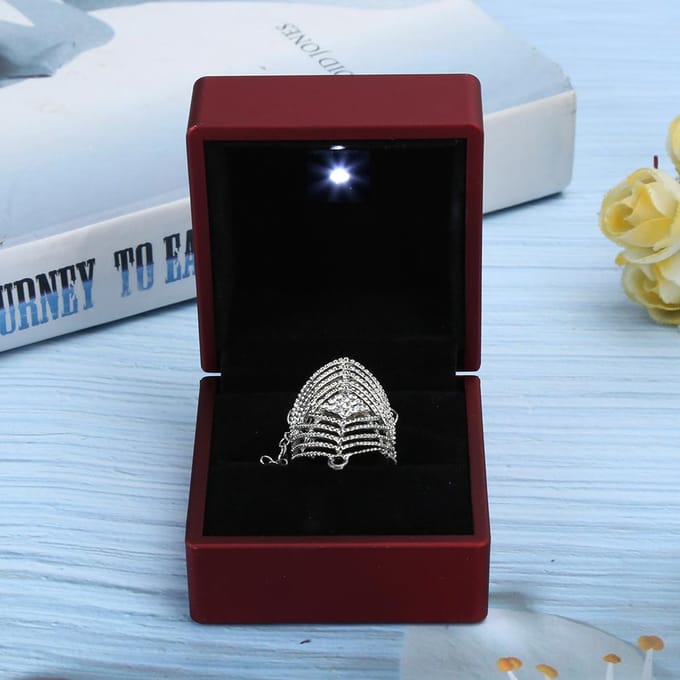 Ringdoos Vierkant Ring Sieraden Oorbellen Muntdoos met LED-licht voor Bruiloft Verloving brown