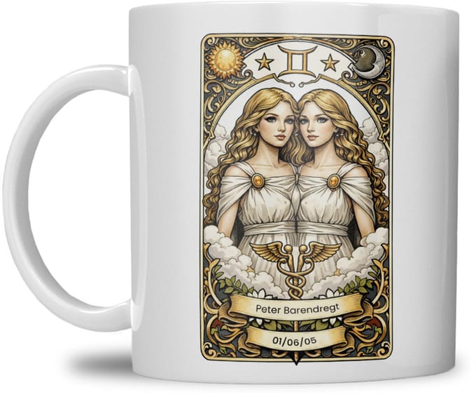 Sterrenbeeld mok - Tweeling - Wit - Tarot mok - Gepersonaliseerd met naam en datum