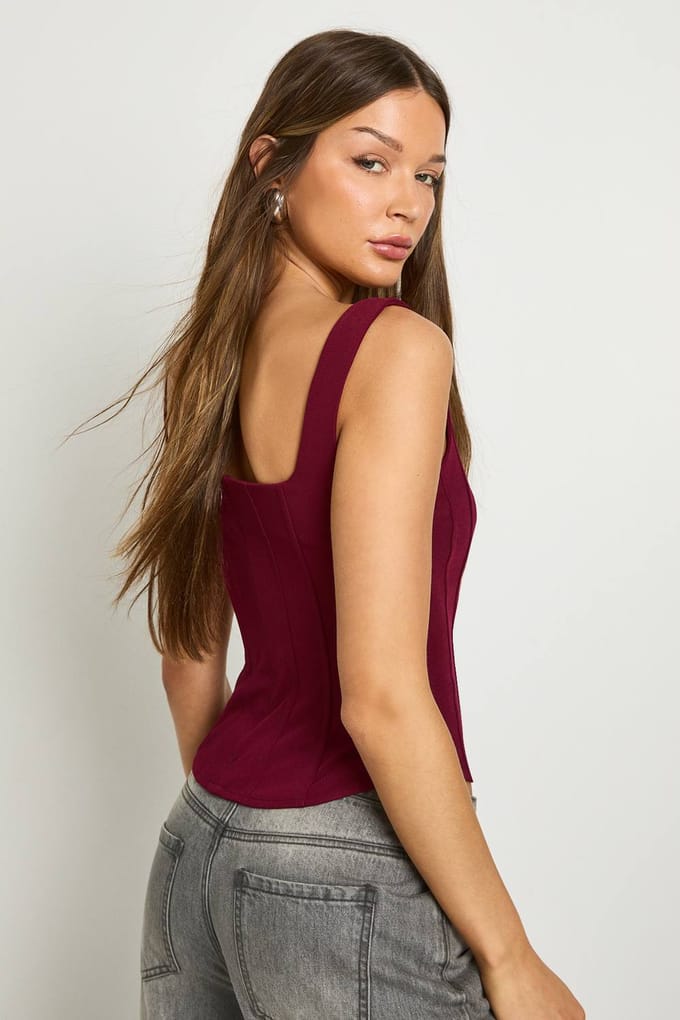 boohoo Dames Gestructureerde crepe corsettop | Bordeaux Rood | Maat: 40