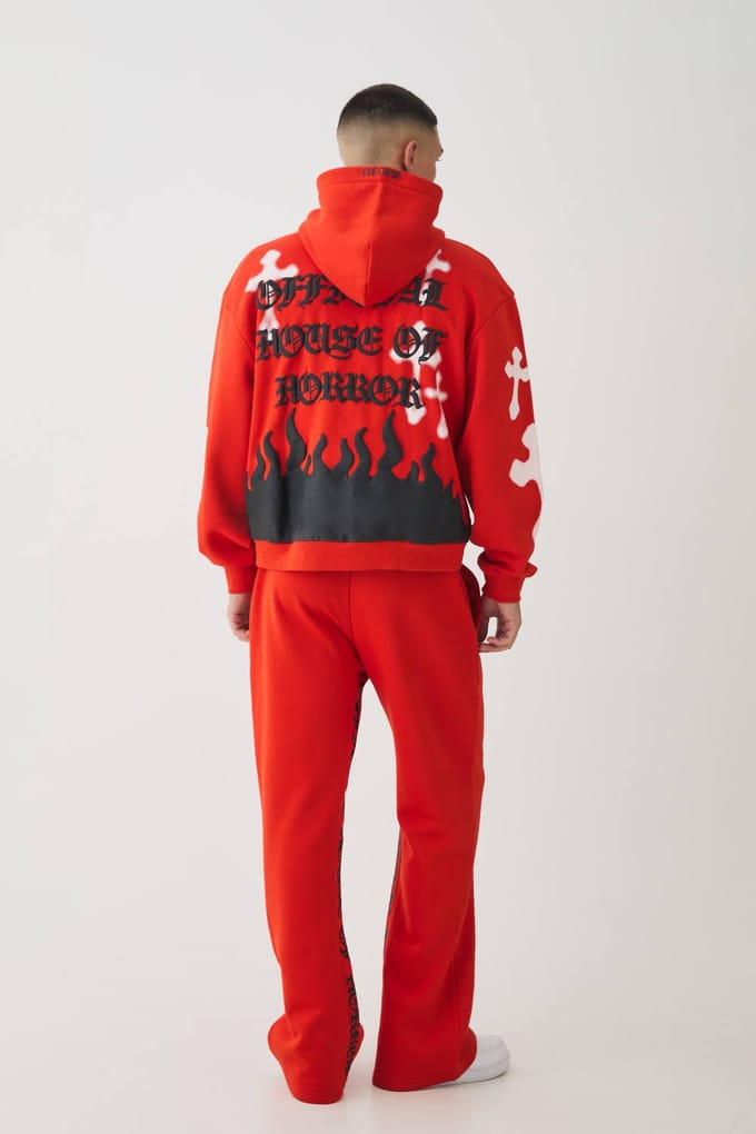 Oversized Boxy Skeleton Puff Print Cross Hoodie | Red | Size Medium