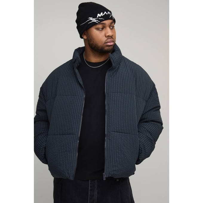 Plus Oversized Check Ripstop Funnel Neck Puffer Jacket | Navy | Size 2XL