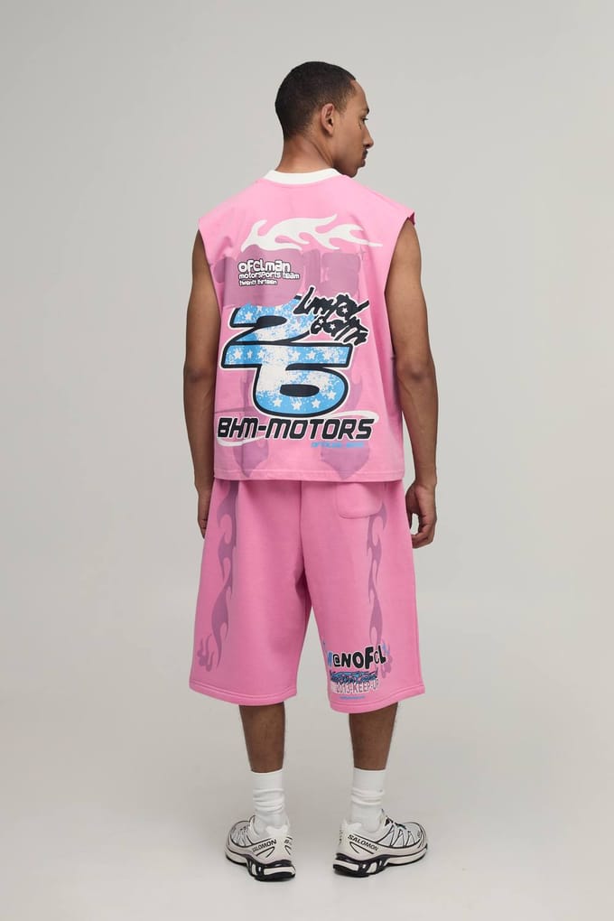 Oversized Boxy Moto Grafische Tanktop En Jort Set | Pink | Size Medium