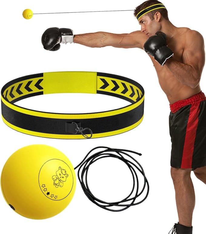 Boksband Stoottraining - Reactietraining Bal - Hand-oog Coördinatie - Aanpasbare Intensiteit - Verstelbare Hoofdband - Geel