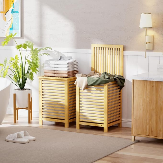 RFWR® Dubbele Wasmand met Deksel - 120L Bamboe Wasmand met Uitneembare Binnenzak en 2 Compartimenten