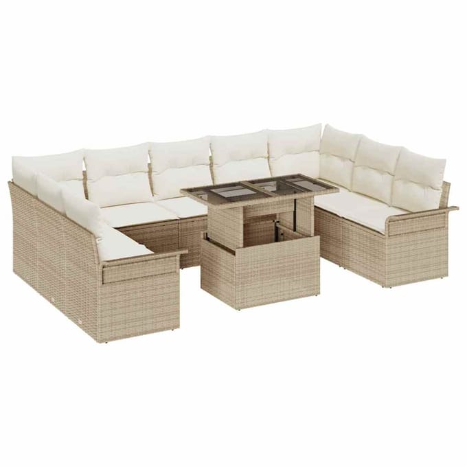 vidaXL Tuinbank Set met kussen met kussen 10 pcs Beige Poly Riet