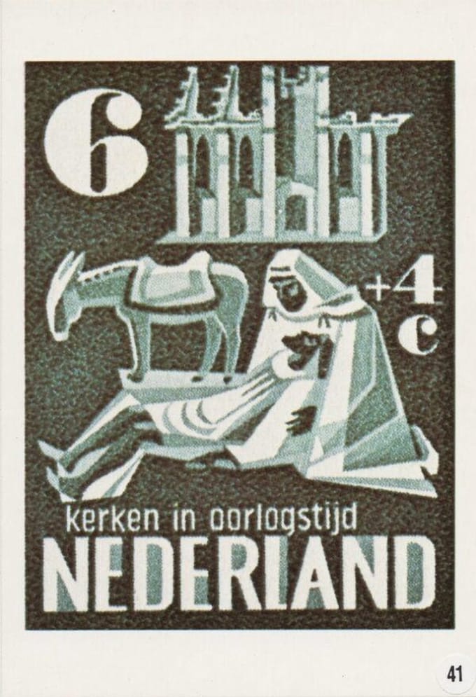 Briefkaart met afbeelding kerken in oorlogstijd postzegel
