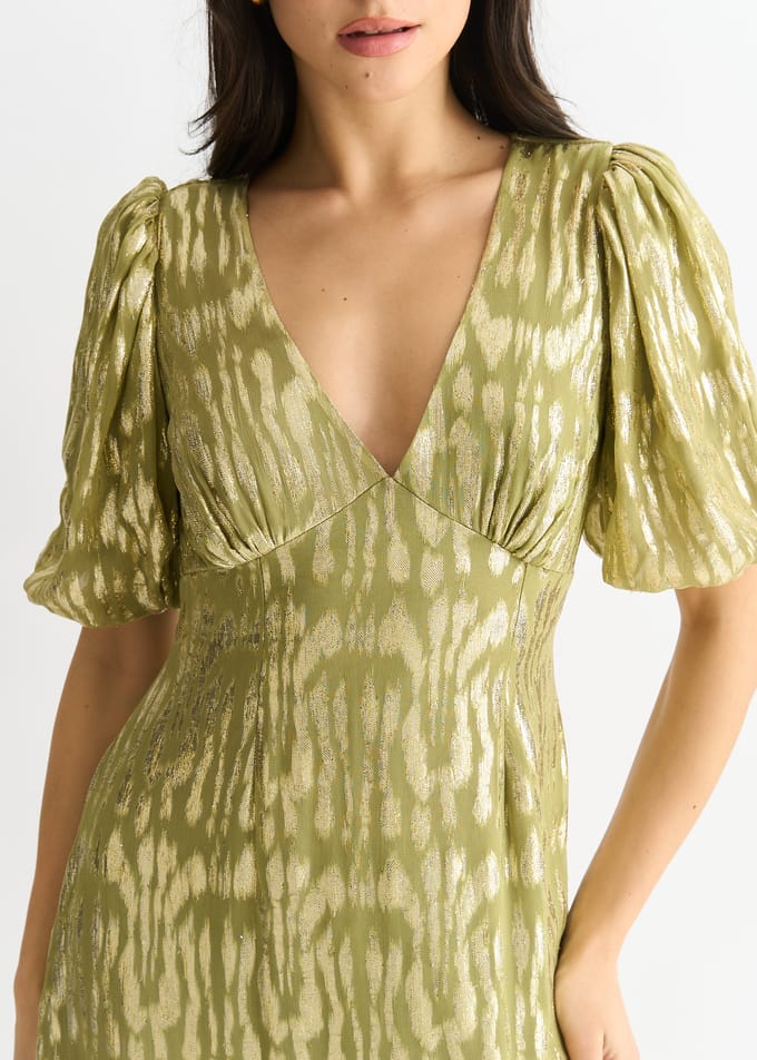 Groene viscose-jacquard gelegenheidsmidi-jurk