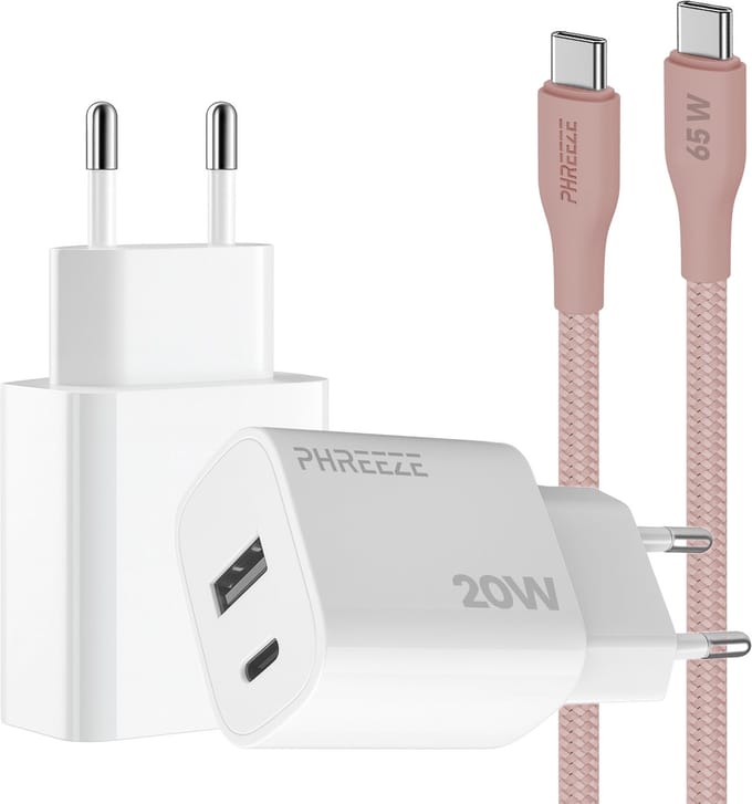 Phreeze usb C adapter 20 W roze met usb C naar usb C kabel 1 meter - Snellader voor smartphone en tablet - Met 2 poorten