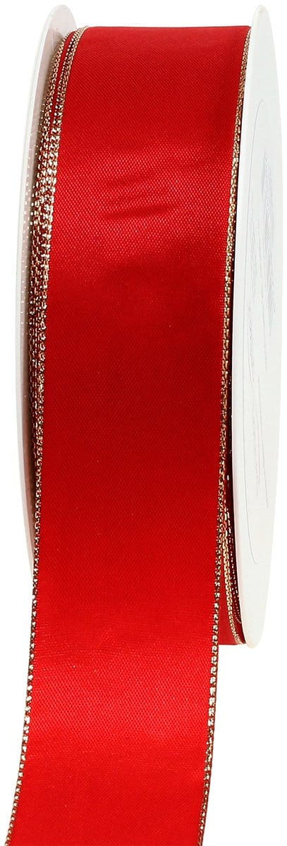 Rood satijnen lint met gouden rand, 40 mm breed, 40 m lang