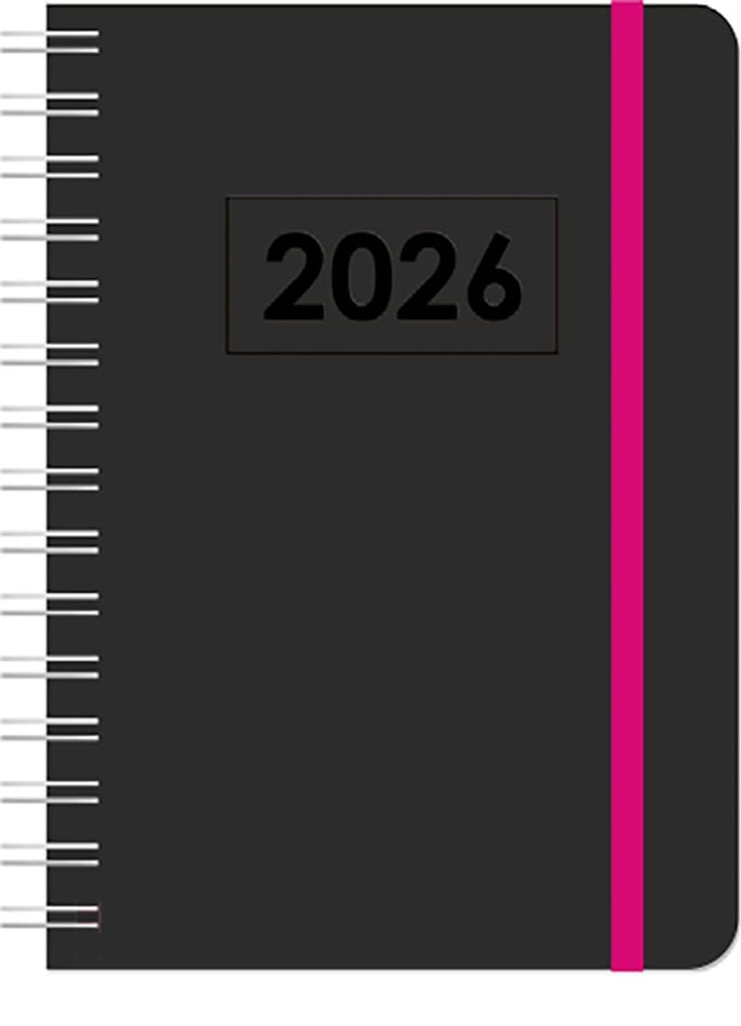 MGPcards - A5 Agenda 2026 - Sluiting Elastiek - Wire-O - Weekoverzicht 1w/2p - Zwart + Pink elastiek - Ruime vakken - 14,8 x 21 cm