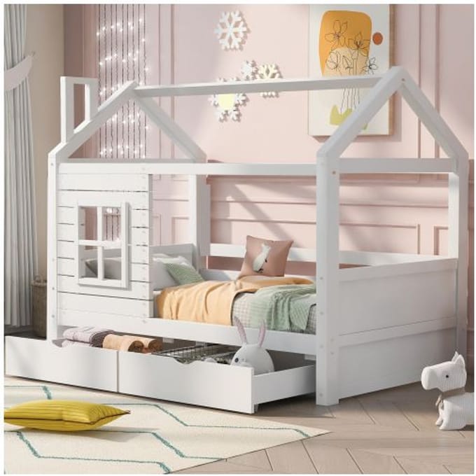 Juniorbed - MUVOE - 90x200 cm - Massief hout - Met lades - Wit wit