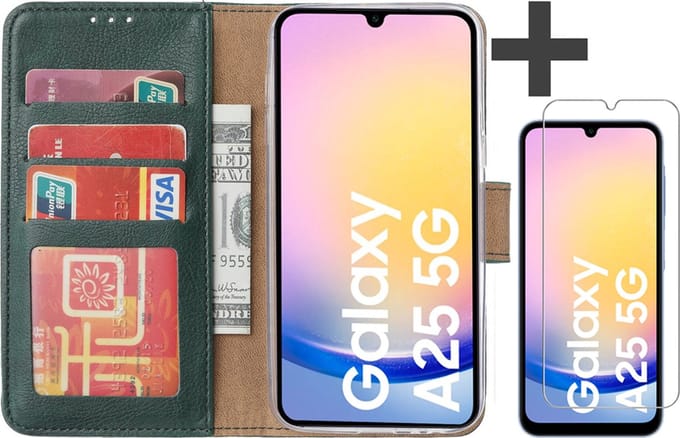 Hoesje met Screenprotector Geschikt voor Samsung Galaxy A25 – Arara bookcase met pasjeshouder - Groen
