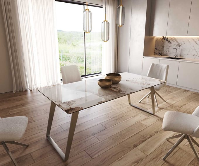Eetkamertafel Edge keramiek Minas Melange wit-beige 200x100 RVS schuin