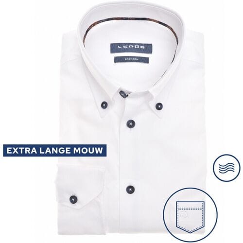 Ledûb Overhemd Extra Lange Mouw Uni Color Easy Care Cotton Blend Mouwlengte 7 Wit-Donkerbruin / male