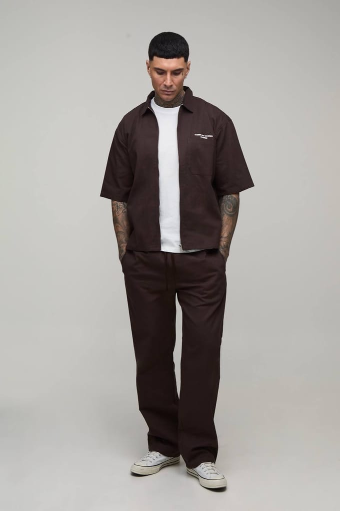 Lange Oversized Shirt Met Ritssluiting En Geborduurd Twill Met Bijpassende Relaxed Broek Set | Chocolate | Size Large