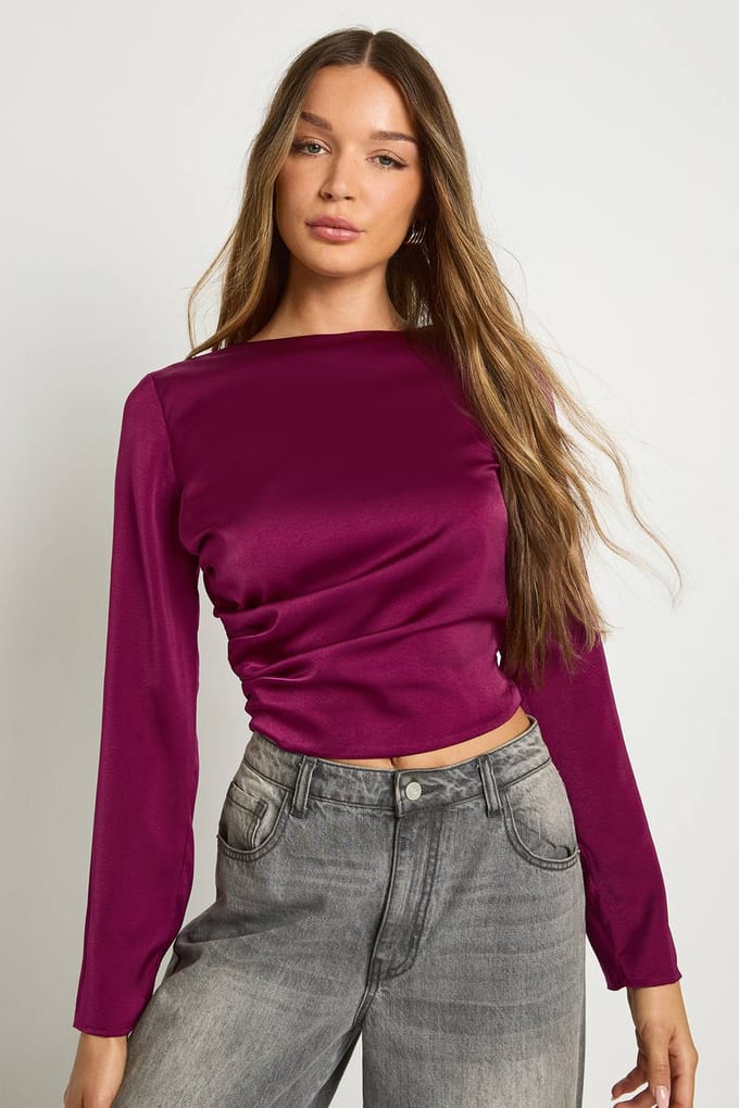 boohoo Dames Getextureerde satijn top met strik aan de rug | Plum | Maat: 14