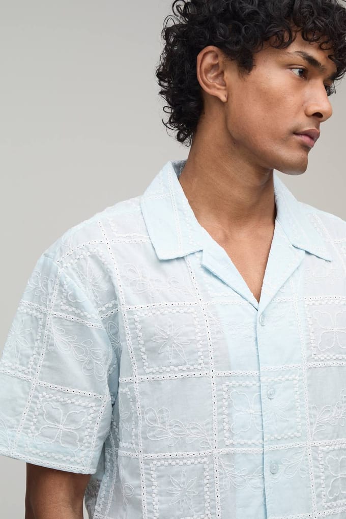 Geborduurd Tegelpatroon Oversized Shirt & Relaxed Short Set | Light Blue | Size Medium