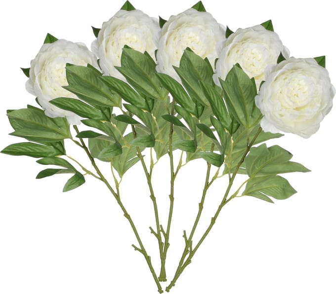 Mica Decorations Kunstbloem pioenroos - 5x - Creme - 76 cm - polyester - decoratie bloemen rozen