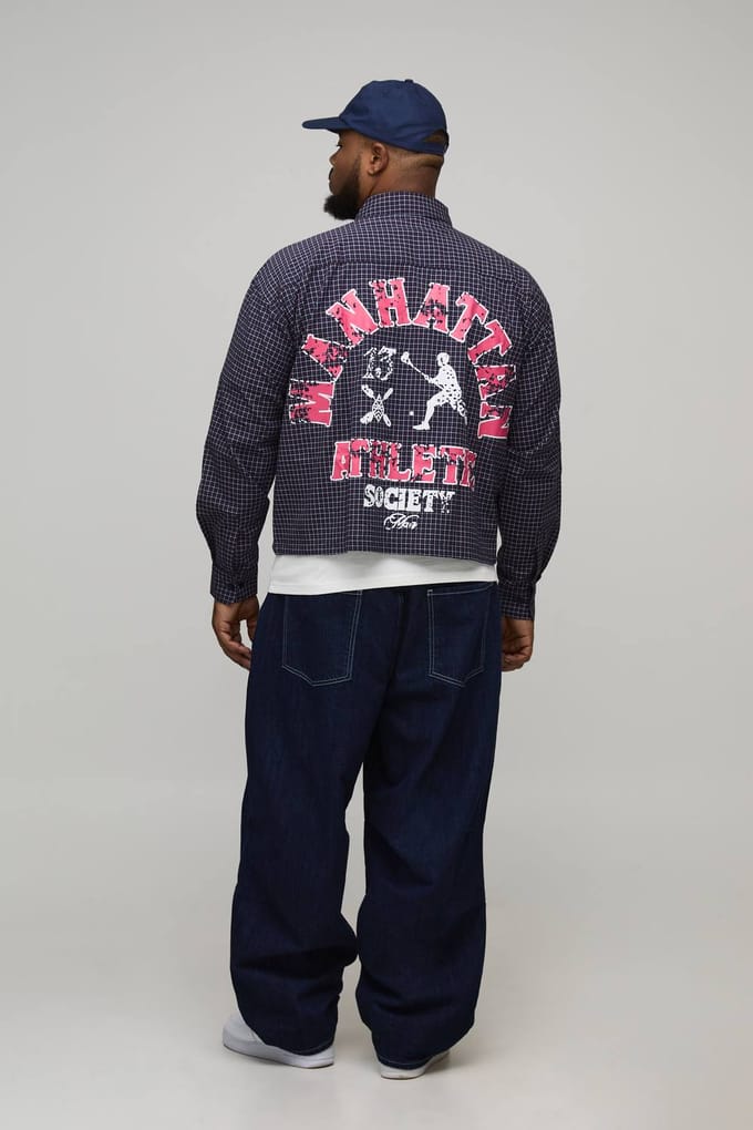 Plus oversized boxy varsity-print micro-check overhemd | Grey | Size 2XL